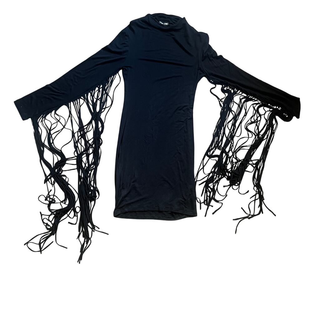 "TOP CHIC" Witchy BlackMini Dress with Fringe Sleeves Size Medium